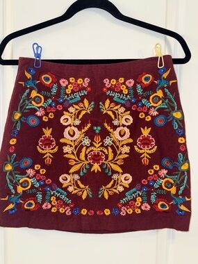 Umgee Umgee Embroidered Mini Skirt Boho Floral Burgundy Statement Piece (small)